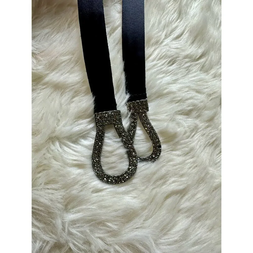 Talbots Black Leather Belt with Rhinestone Infinity Buckle
